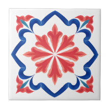 Röd och blå turkiska Blommigten - Tile Art