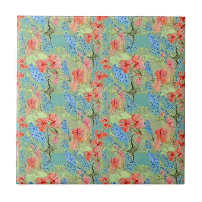 Röd och Blåa blommor och Grönt Löv Kakelplatta (Framsidan)