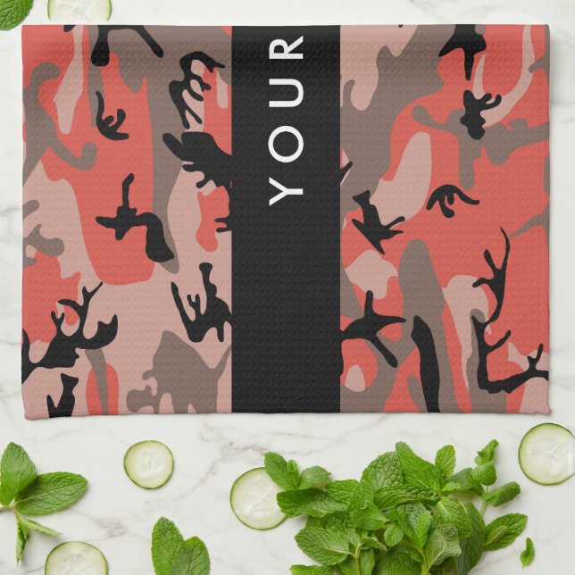 Röd och brun kamouflage Ditt namn anpassar sig Kökshandduk (Vikta)
