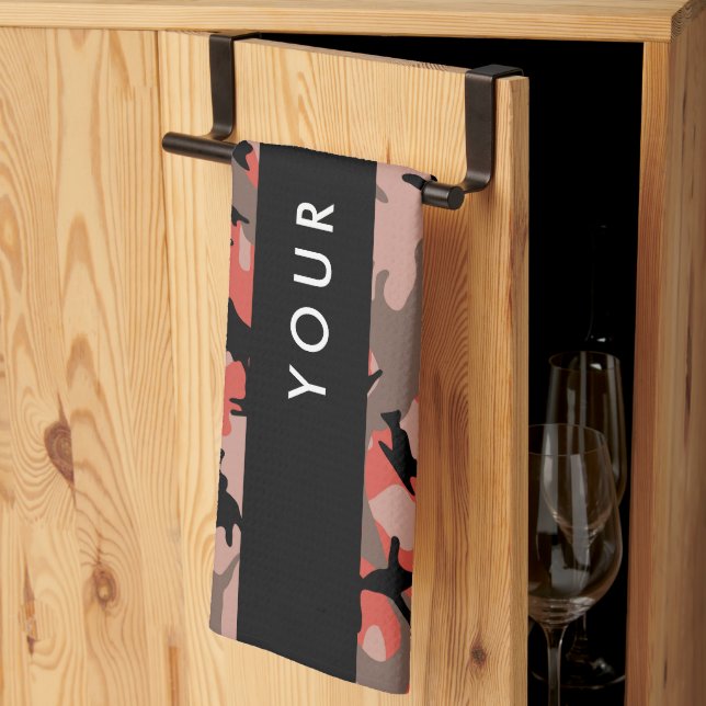Röd och brun kamouflage Ditt namn anpassar sig Kökshandduk (Thirds Fold)