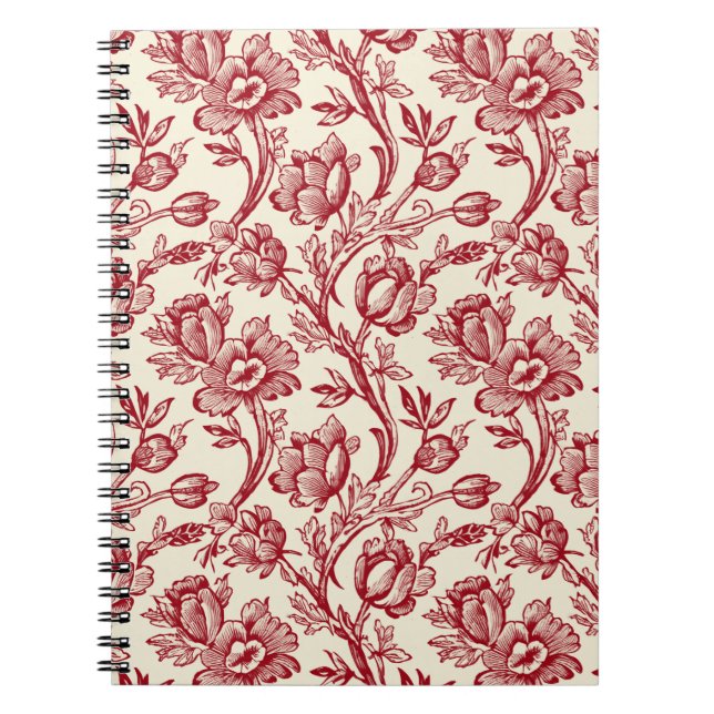 Röd- och Cream Tulips Toile - Fransk Land Decor Anteckningsbok (Framsidan)