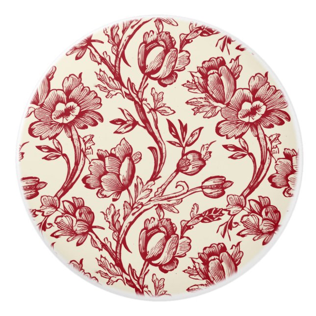 Röd- och Cream Tulips Toile - Fransk Land Decor Knopp (Framsidan)