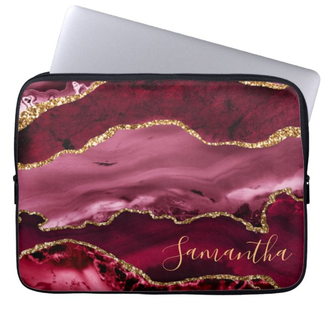 Röd och falsk guldglittermarmoragate laptop fodral (Framsidan)