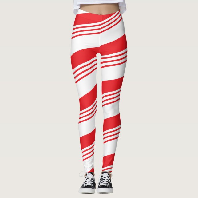 Röd och för vithelgdagpepparmint candy cane leggings (Framsida)