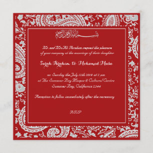 Röd och för vitpaisley muslim bröllop inbjudningar