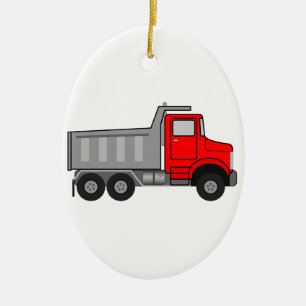 Röd och grå/grå färgtecknadlastbil julgransprydnad keramik
