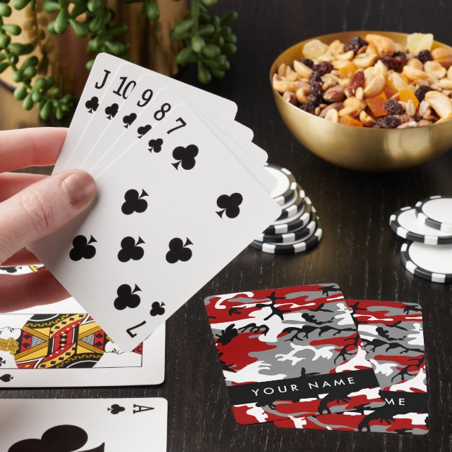 Röd och Grått Camouflage Ditt namn anpassar sig Casinokort (På plats)