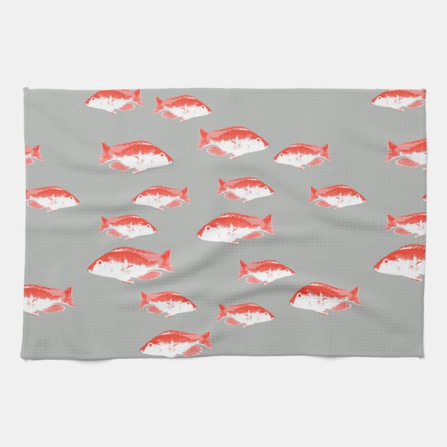 Röd och grått-fisk kökshandduk (Horisontell)