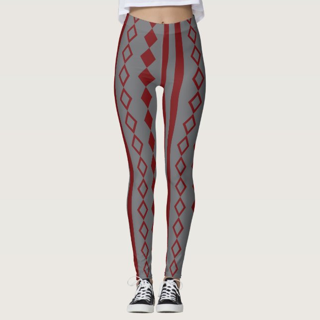 Röd och Grått Harlequin och Rand Mönster Leggings (Framsida)