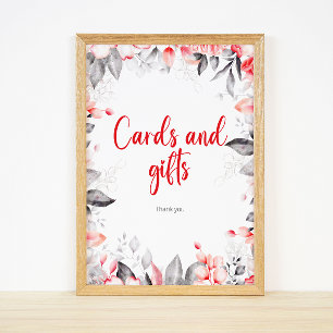 Röd- och Grått Watercolor Flowers-kort och present Poster