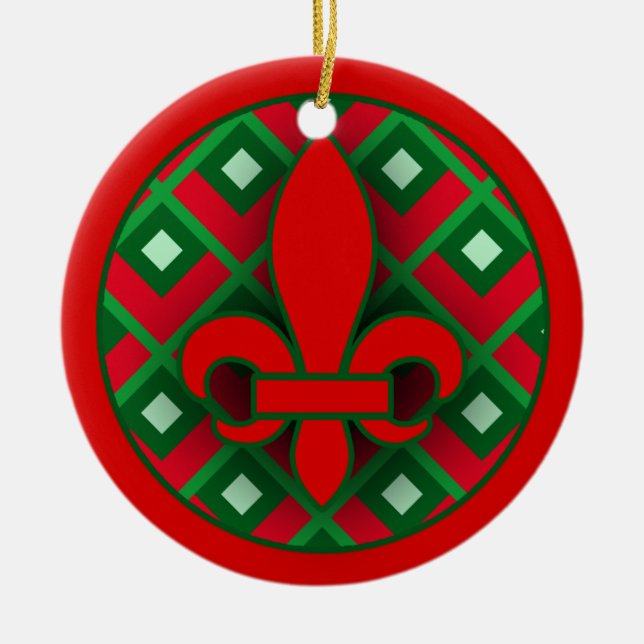 Röd och grön Fleur de Lis Jul prydnad Julgransprydnad Keramik (Framsidan)