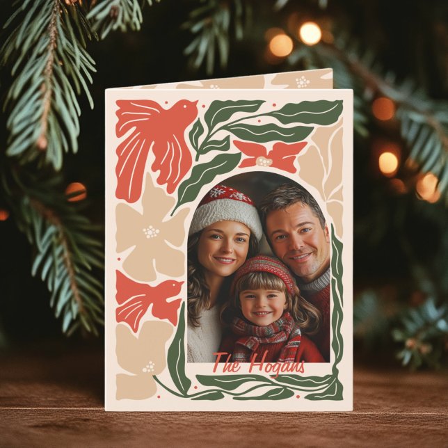 Röd och grön Folk Art 2 Foto Faltad Helgkort (Folded 2-photo Folk Art Christmas Card)