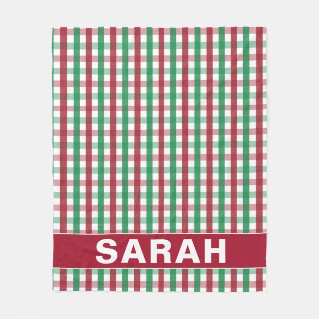 Röd och grön Gingham med anpassat namn Fleecefilt (Framsidan)