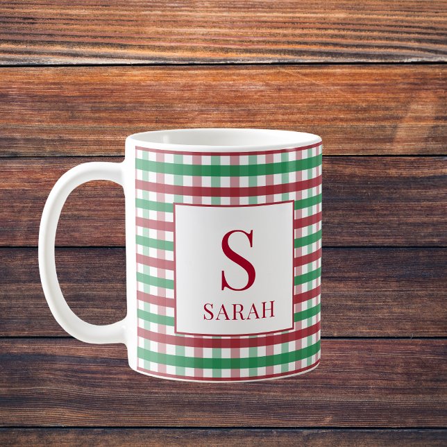 Röd och grön Gingham Plaid Monogram Namn Kaffemugg (Red & Green Gingham Plaid Monogram Name Coffee Mug
)