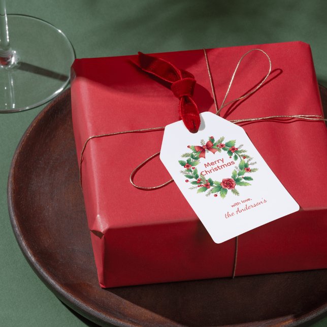 Röd och grön Glad jul Vattenfärgskrans Presentetikett (Skapare uppladdad)