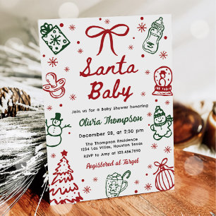 Röd och grön handritad jul baby shower inbjudningar