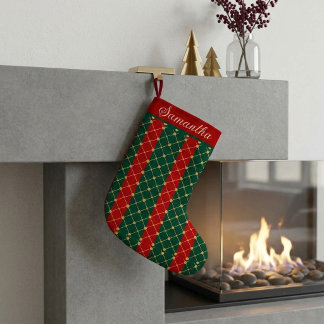 Röd och grön rutig julplagg med guldprickar liten julstrumpa
