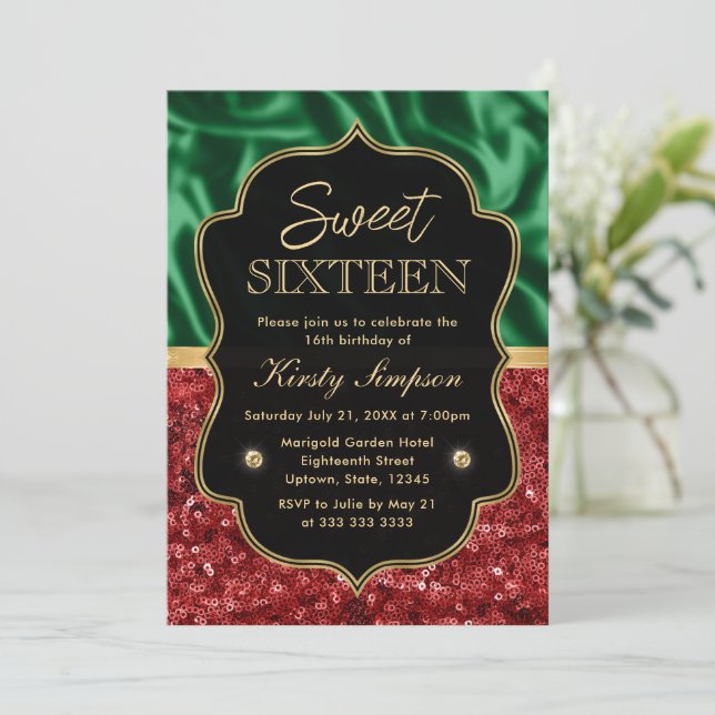 Röd och Grön Semesterglitter Sweet 16 Inbjudningar (Stående Fram)
