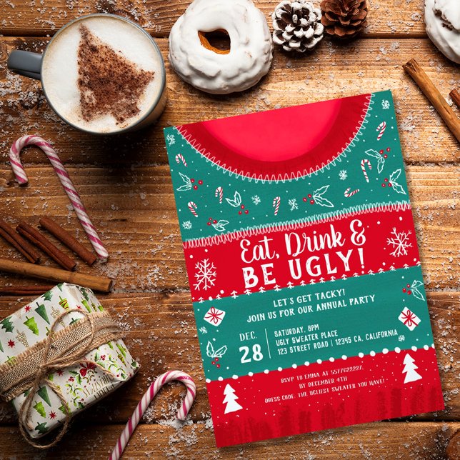 Röd och Grön Smaklös Ugly Sweater Julfest Inbjudningar (Skapare uppladdad)