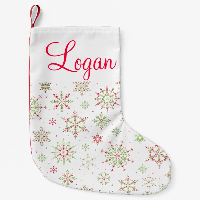 Röd och grön Snowflake Liten Julstrumpa (Framsidan)