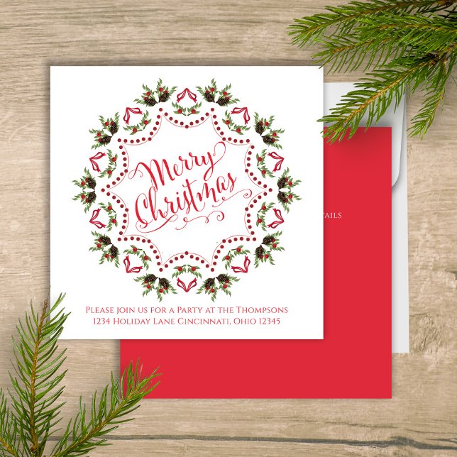 Röd och grön sötnos God Jul-fest Inbjudningar (Cute red and green Merry Christmas party invitation with festive greenery and cheerful holiday style)