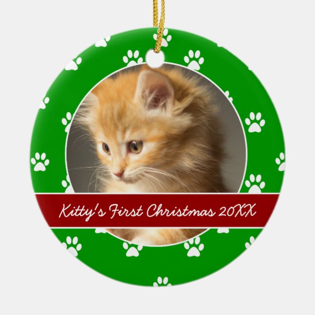 Röd och grön tass avtryckkattunge första jul julgransprydnad keramik (Framsidan)
