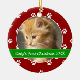 Röd och grön tass avtryckkattunge första jul julgransprydnad keramik