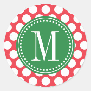 Röd och Grönt Big Polka dots Monogramme Runt Klistermärke