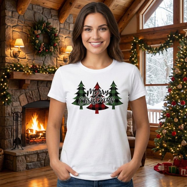 Röd och Grönt Buffalo Play God jul Träd T Shirt (Red and Green Buffalo Plaid Merry Christmas Trees T-Shirt)