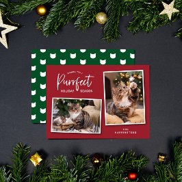 Röd- och Grönt Cat Ansikte-fotokort för Helgdag Julkort
