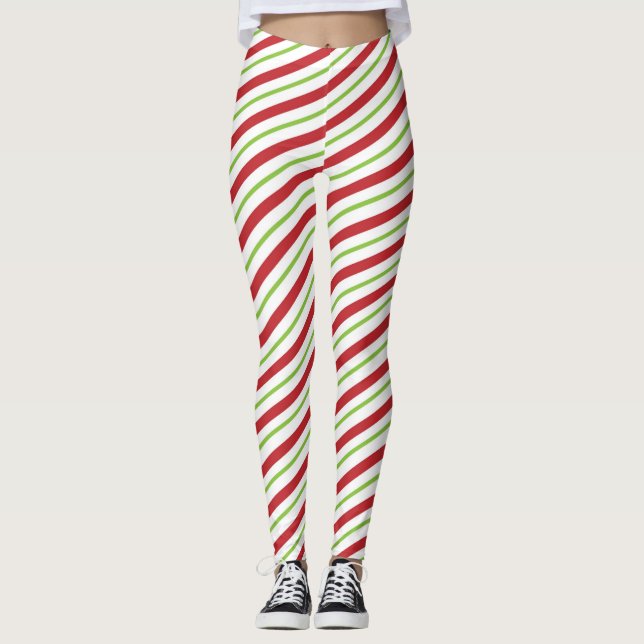Röd och Grönt diagonalt utjämnad Candy cane Mönste Leggings (Framsida)