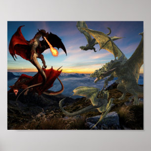 Röd och Grönt Dragon Battle Fantasy Poster