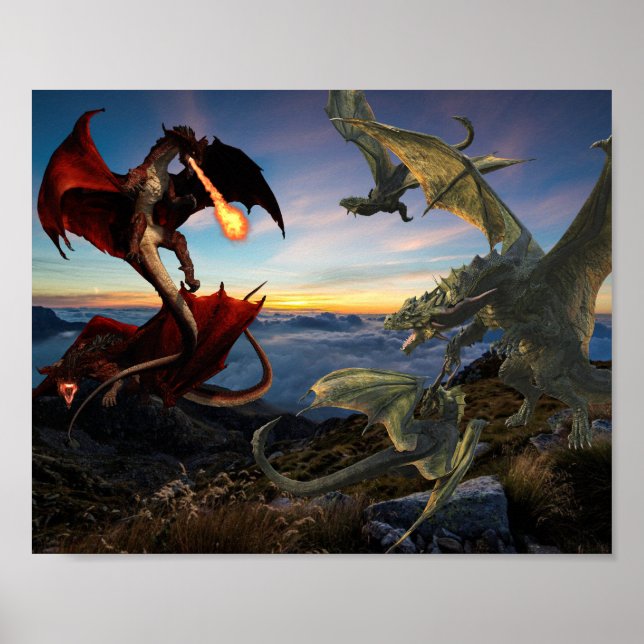 Röd och Grönt Dragon Battle Fantasy Poster (Framsidan)