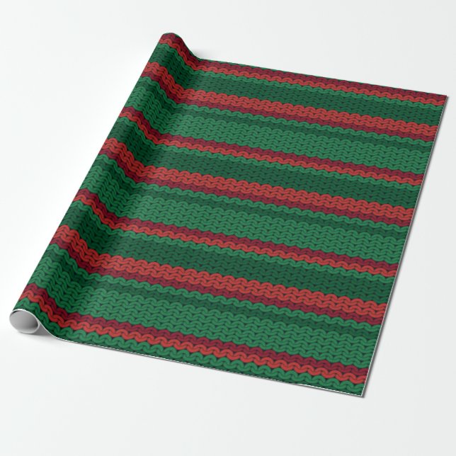 Röd och Grönt Faux Sticka Rand Presentpapper (Utrullad)