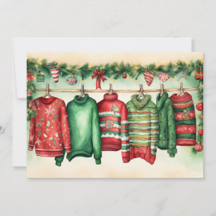 Röd och Grönt Festive Sweaton Clothesline Julkort