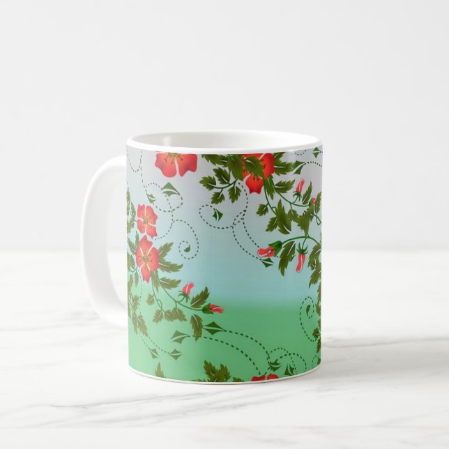 Röd och Grönt Flower Mönster Kaffemugg (Framsida vänster)