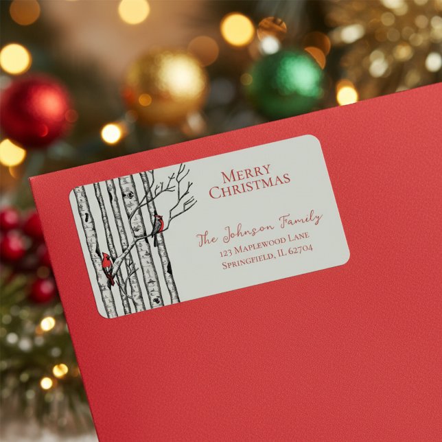 Röd och Grönt God jul Kardinals Birch Grenar Adressetikett (Elegant Festive Winter Sage Green Return Address Label. Hand Drawn Red Cardinal Birds in Birch Trees)