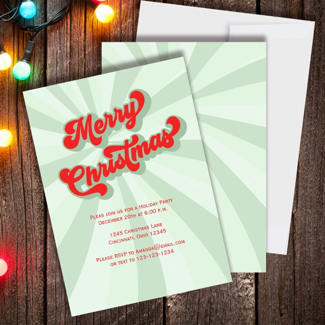 Röd och Grönt God jul Retro Party Inbjudningar (Merry Christmas Holiday Party invitation with whimsical retro style typography.  )