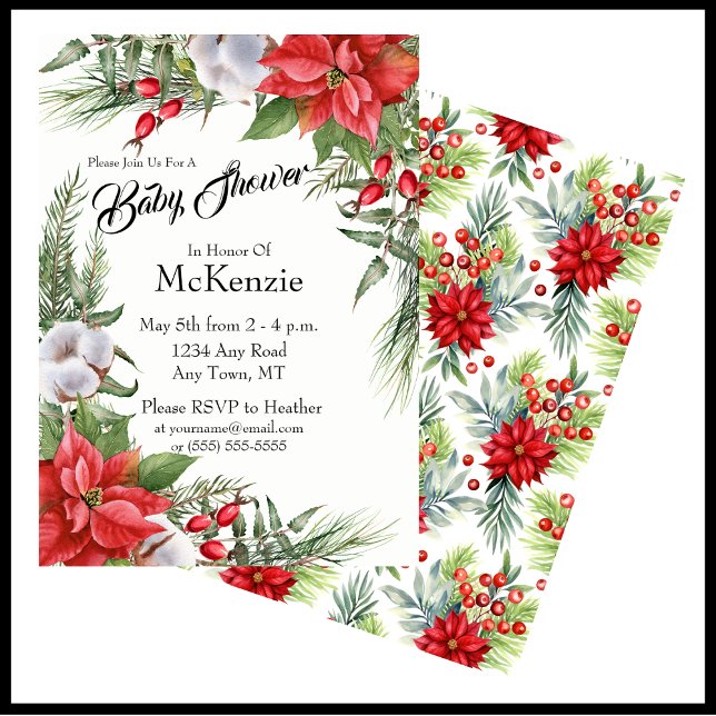 Röd och Grönt Jul Poinsettia Baby Shower Inbjudningar (Elegant Christmas Baby Shower Invite Featuring Red Poinsettias, Cotton Blooms, and Greenery)
