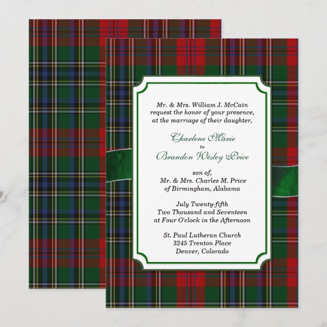 Röd och Grönt MacClain Tartan Bröllopsbjudan Inbjudningar (Fram/baksida)