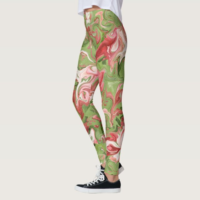 Röd och Grönt Marble Abstrakt Mönster jul Leggings (Vänster)