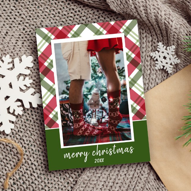 Röd- och Grönt-pingkort för fotopatjulkort Julkort (Red and Green Plaid Photo Christmas Card)