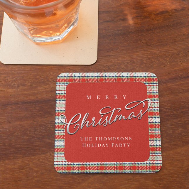 Röd och Grönt Play God jul Anpassningsbar Underlägg Papper Kvadrat (Merry Christmas red and green holiday plaid paper coaster)