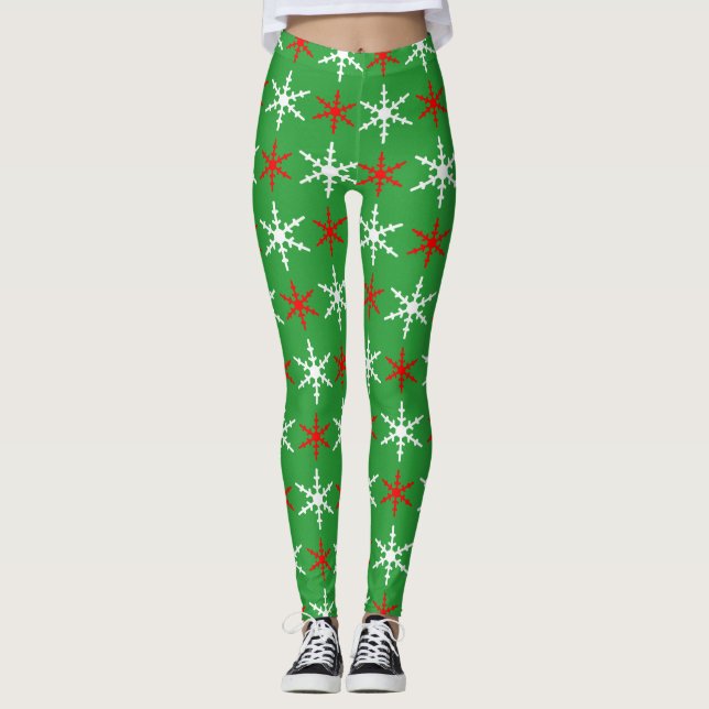 Röd och grönt snöflingor mönster leggings (Framsida)