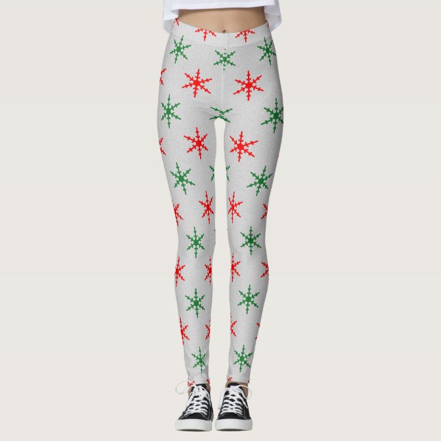 Röd och grönt snöflingor mönster leggings (Framsida)