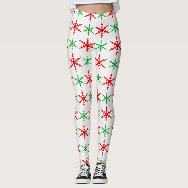 Röd och grönt snöflingor mönster leggings (Framsida)