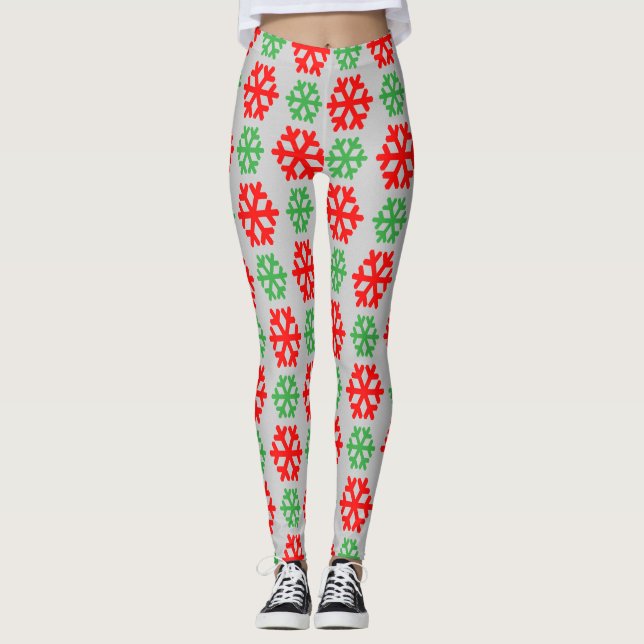 Röd och grönt snöflingor mönster leggings (Framsida)