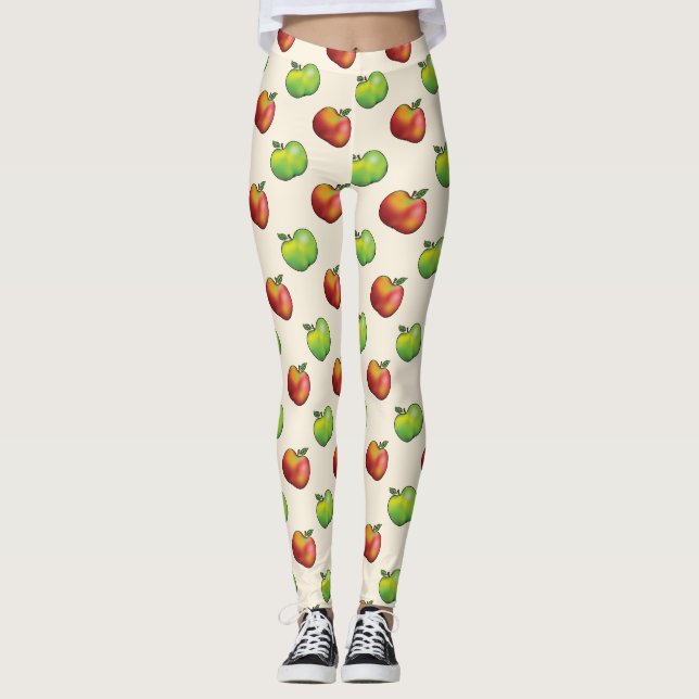 Röd och Grönt Tecknad äppelfrukter Mönster Leggings (Framsida)
