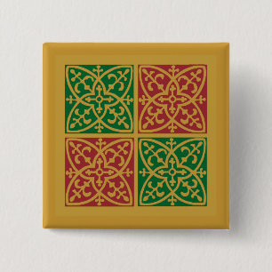 Röd och Grönt Tile Art på Guld Mönster Knapp