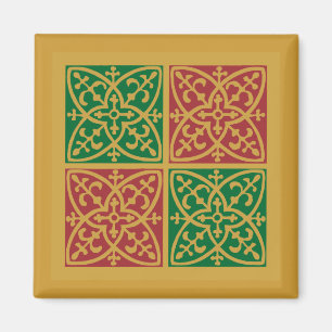 Röd och Grönt Tile Art på Guld Mönster Magnet